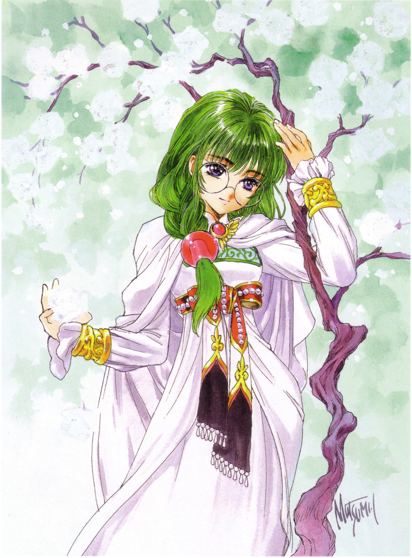 90s absurdres dress fantasy glasses green_background green_hair hair_over_shoulder highres inomata_mutsumi marker_(medium) official_art philia_felice priestess robe round_eyewear scan signature tales_of_(series) tales_of_destiny traditional_media tree white_dress