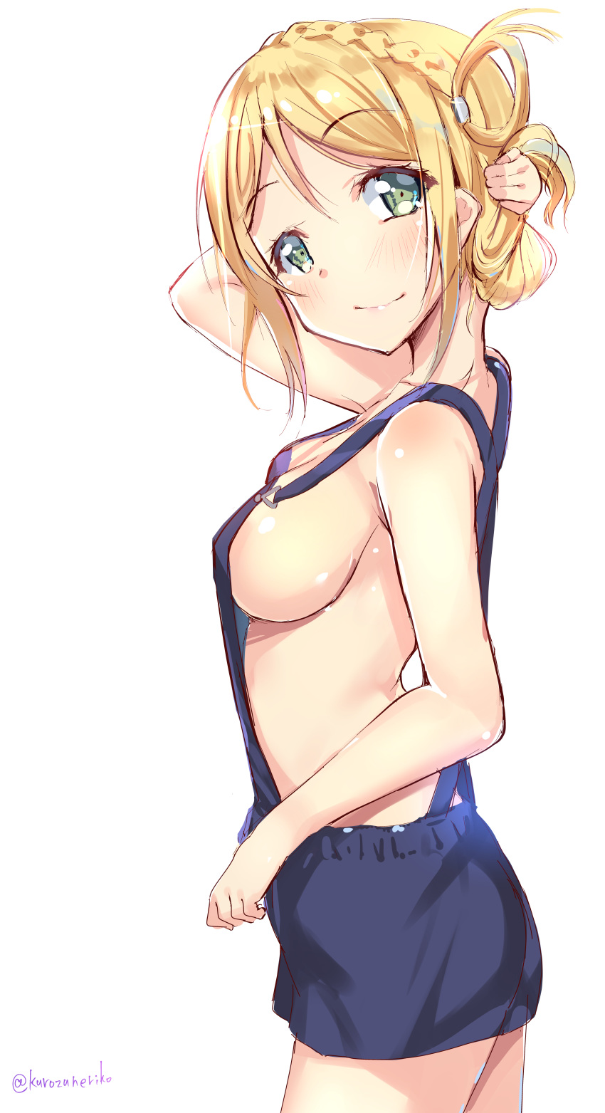 1girl 2018 absurdres arm_up blonde_hair braid breasts character_name closed_mouth crown_braid eyebrows_visible_through_hair from_side green_eyes hair_rings hand_behind_head happy_birthday highres kurozu looking_at_viewer love_live! love_live!_sunshine!! medium_breasts naked_overalls ohara_mari overalls shiny shiny_skin sideboob simple_background smile solo standing twitter_username white_background