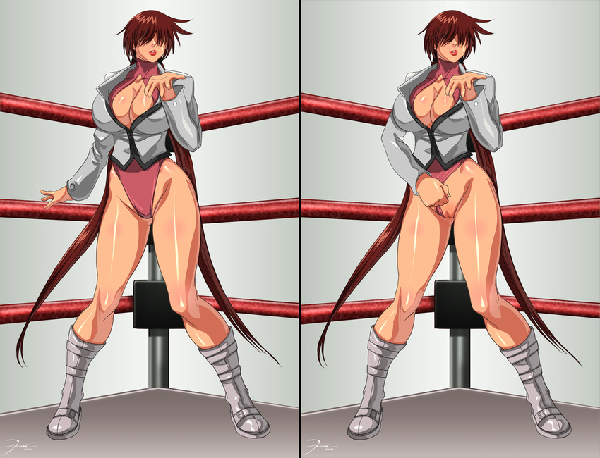 boots breasts brown_hair cleavage cleavage_cutout darkeyez07 highres huge_breasts jacket leotard leotard_aside lipstick long_hair makeup pussy shermie signature solo the_king_of_fighters twintails very_long_hair wrestling_ring