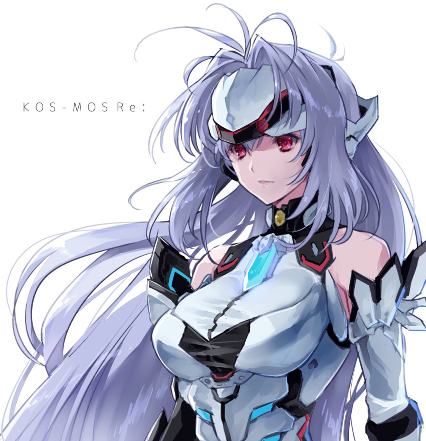 android bare_shoulders blue_hair breasts elbow_gloves expressionless forehead_protector gloves highres jako_(toyprn) kos-mos kos-mos_re: leotard long_hair red_eyes simple_background very_long_hair white_leotard xenoblade_(series) xenoblade_2 xenosaga