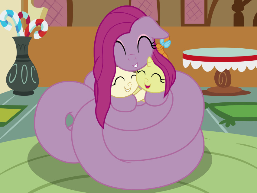 alternate_species badumsquish carrying coiling cuddling dialogue equine eyeshadow fangs female friendship_is_magic grin group happy horn horse hug lamia makeup male mammal my_little_pony pinkamena_(mlp) pinkie_pie_(mlp) pony pound_cake_(mlp) pumpkin_cake_(mlp) reptile scalie smile snake unicorn