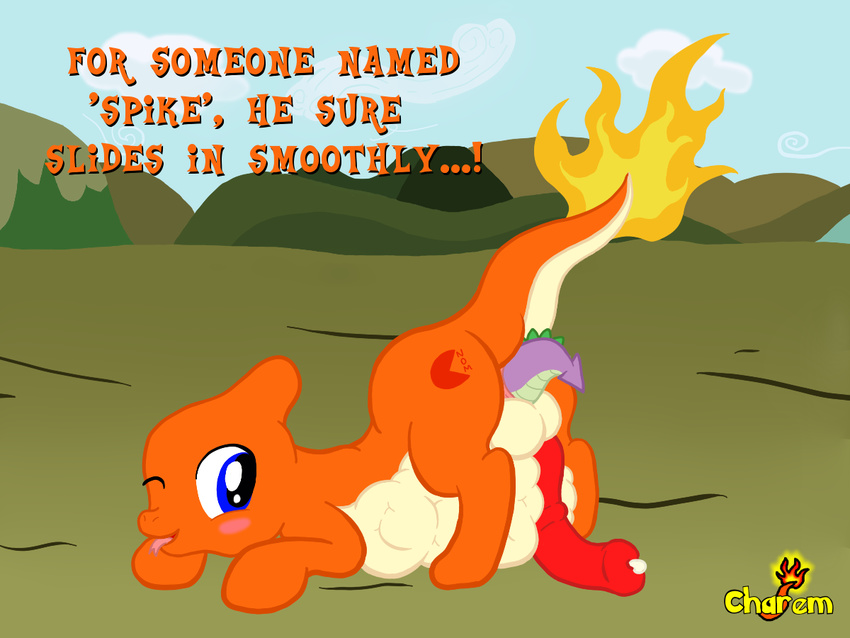 anal_insertion anal_penetration anal_vore animal_genitalia anus balls belly blush charem charmander charmeleon crossover dialog english_text fire friendship_is_magic gay horsecock humor insertion male my_little_pony nintendo orange_body pac-man pac-man_(series) penetration penis pok&#233;mon pokemon scalie spike spike_(mlp) text tongue tongue_out video_games vore