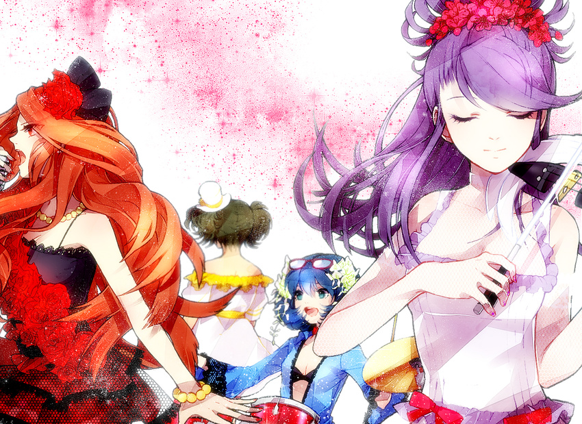 blue_eyes blue_hair closed_eyes dress drum drum_set drumsticks eyewear_on_head flower glasses green_hair hair_ornament hakusai_(tiahszld) inazuma_eleven inazuma_eleven_(series) instrument kino_aki kudou_fuyuka long_hair microphone multiple_girls open_mouth otonashi_haruna purple_hair raimon_natsumi red_eyes red_flower red_hair red_rose rose smile twintails violin