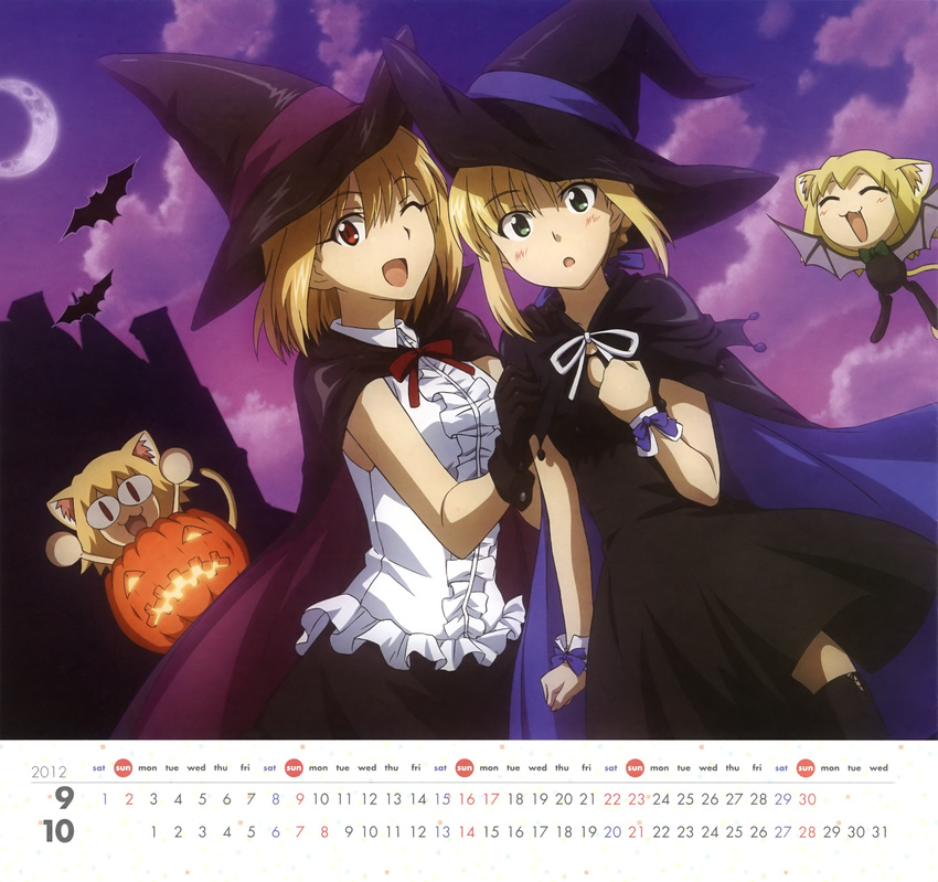 2girls absurdres amisaki_ryouko arcueid_brunestud artoria_pendragon_(all) bat bat_wings blonde_hair blush calendar_(medium) cape carnival_phantasm cosplay crescent_moon dress fate/stay_night fate_(series) green_eyes halloween hat highres moon multiple_girls nekoarc nekoarc_bubbles october official_art one_eye_closed pumpkin_costume red_eyes saber september sidelocks skirt sleeveless thighhighs tsukihime type-moon wings witch witch_hat