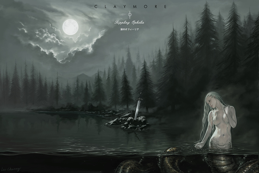 bath character_name claymore claymore_(sword) closed_mouth cloud cloudy_sky copyright_name cupping_hand forest full_moon hair_censor hair_over_breasts hair_slicked_back half-closed_eyes hand_on_shoulder head_tilt highres lake lamia leo_chuang long_hair monster_girl moon nature navel night nude ophelia partially_submerged pine_tree planted_sword planted_weapon pointy_ears sky solo sword tail tree very_long_hair water weapon