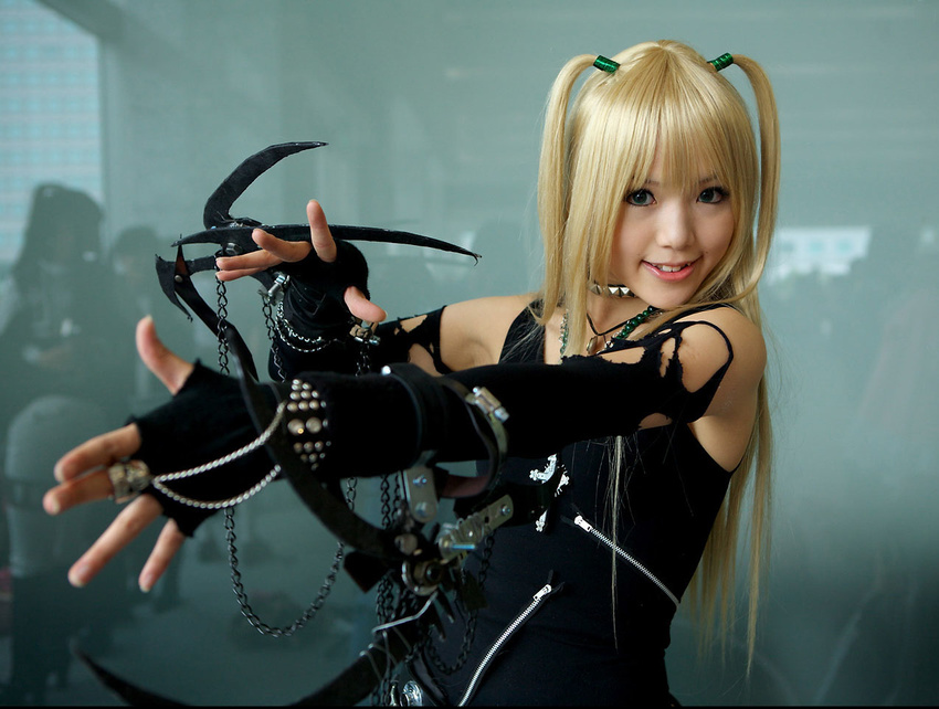 amane_misa blade blades blonde_hair cosplay death_note elbow_gloves fishnet_legwear fishnet_stockings fishnets gloves kipi-san lace legwear photo thighhighs torn_clothes twintails