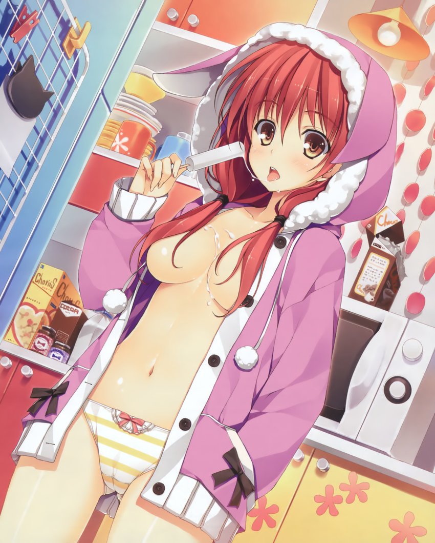 absurdres animal_hood blush bow bow_panties breasts bunny_hood cameltoe food food_on_body food_on_face from_below hair_censor hair_over_breasts hand_in_pocket highres hood hooded_jacket jacket kitchen long_hair looking_at_viewer microwave navel no_bra open_clothes original panties popsicle red_hair sexually_suggestive small_breasts solo standing striped striped_panties tongue underwear yellow_eyes yuuki_hagure