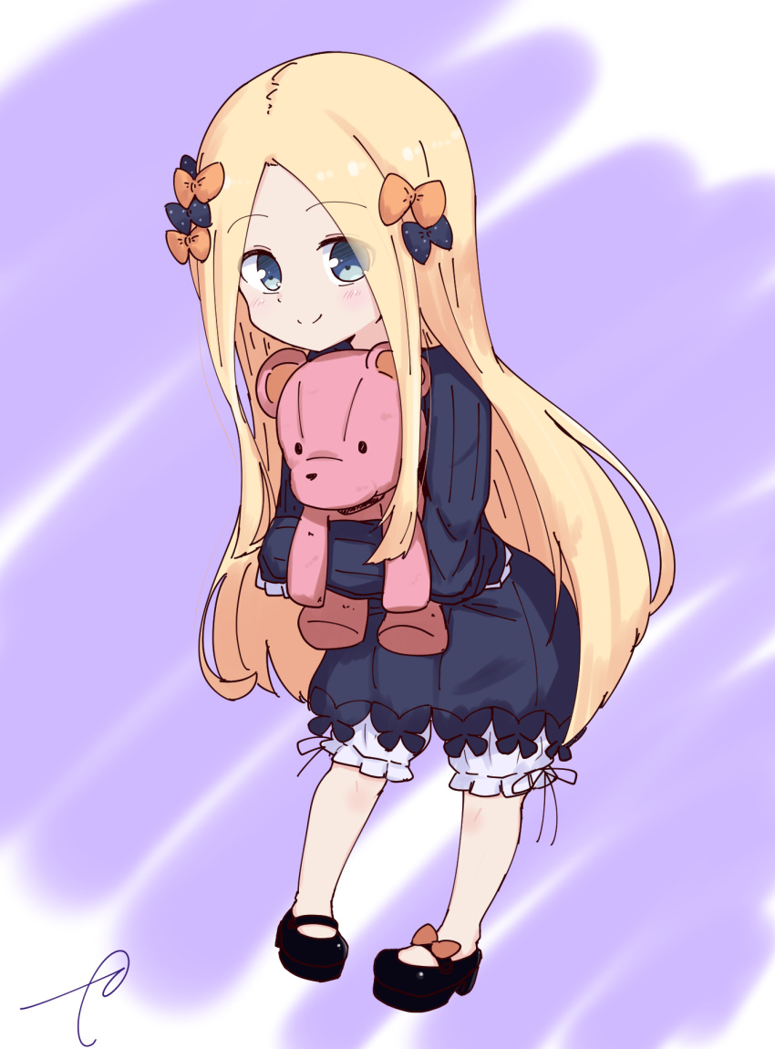 1girl abigail_williams_(fate/grand_order) bangs black_bow black_dress black_footwear blonde_hair bloomers blue_eyes blush bow bug butterfly closed_mouth commentary_request dress eyebrows_visible_through_hair fate/grand_order fate_(series) forehead full_body hair_bow highres insect kujou_karasuma leaning_forward long_hair long_sleeves mary_janes no_hat no_headwear object_hug orange_bow parted_bangs pigeon-toed polka_dot polka_dot_bow shoes signature sleeves_past_fingers sleeves_past_wrists smile solo standing stuffed_animal stuffed_toy teddy_bear underwear very_long_hair white_bloomers