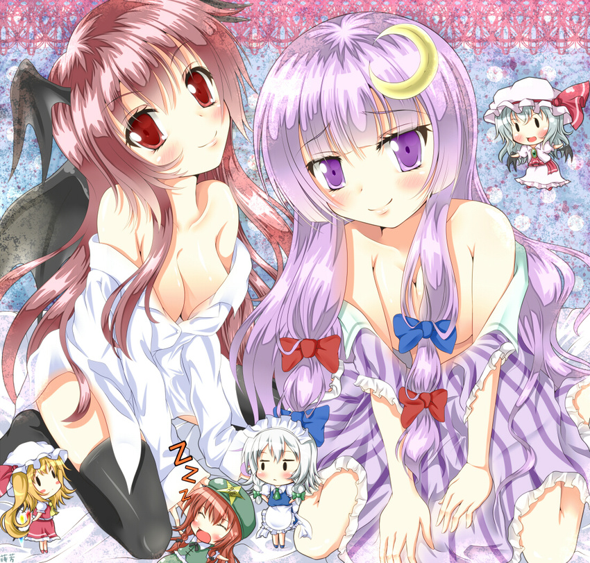 bad_id bad_pixiv_id bare_shoulders black_legwear blonde_hair blue_hair blush bow breasts chibi cleavage crescent crescent_hair_ornament dress_shirt flandre_scarlet hair_bow hair_ornament hat head_wings hong_meiling izayoi_sakuya koakuma long_hair looking_at_viewer maid_headdress mayuzumi_makiha medium_breasts minigirl multiple_girls naked_shirt no_hat no_headwear off_shoulder patchouli_knowledge purple_eyes purple_hair red_eyes red_hair remilia_scarlet shirt short_hair side_ponytail silver_hair sleeveless smile thighhighs touhou very_long_hair wings