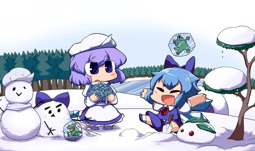 apron bad_id bad_pixiv_id blue_eyes blue_hair blush_stickers bow chibi cirno closed_eyes forest frog frozen frozen_frog hair_bow hat ice_block lake letty_whiterock multiple_girls nature nura_(oaaaaaa) outstretched_arms scarf short_hair sitting snow_bunny snowman touhou tree white_scarf wings