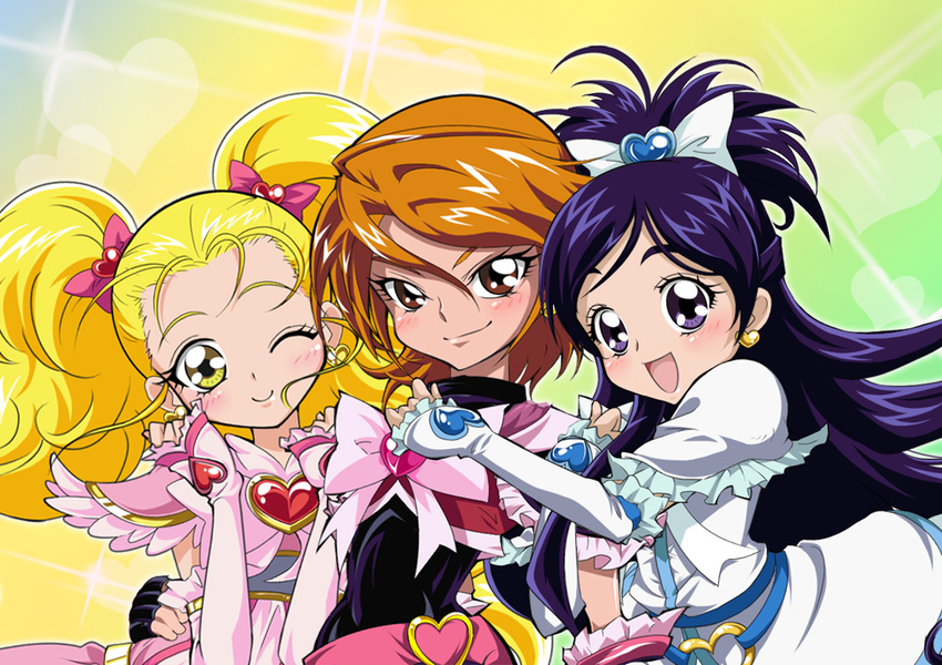 :d black_eyes black_hair blonde_hair bow brown_eyes brown_hair cure_black cure_white earrings eyelashes futari_wa_precure futari_wa_precure_max_heart half_updo happy heart jewelry kujou_hikari long_hair magical_girl misumi_nagisa multiple_girls one_eye_closed open_mouth precure ribbon shiny_luminous short_hair sinko_(sinsin) smile twintails yellow_eyes yukishiro_honoka