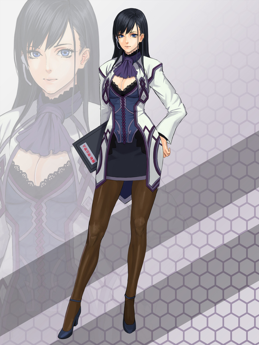 black_hair blue_eyes border_break breasts cleavage clipboard damegane hand_on_hip headset hexagon highres holding honeycomb_(pattern) honeycomb_background long_hair medium_breasts pantyhose solo strappy_heels zoom_layer