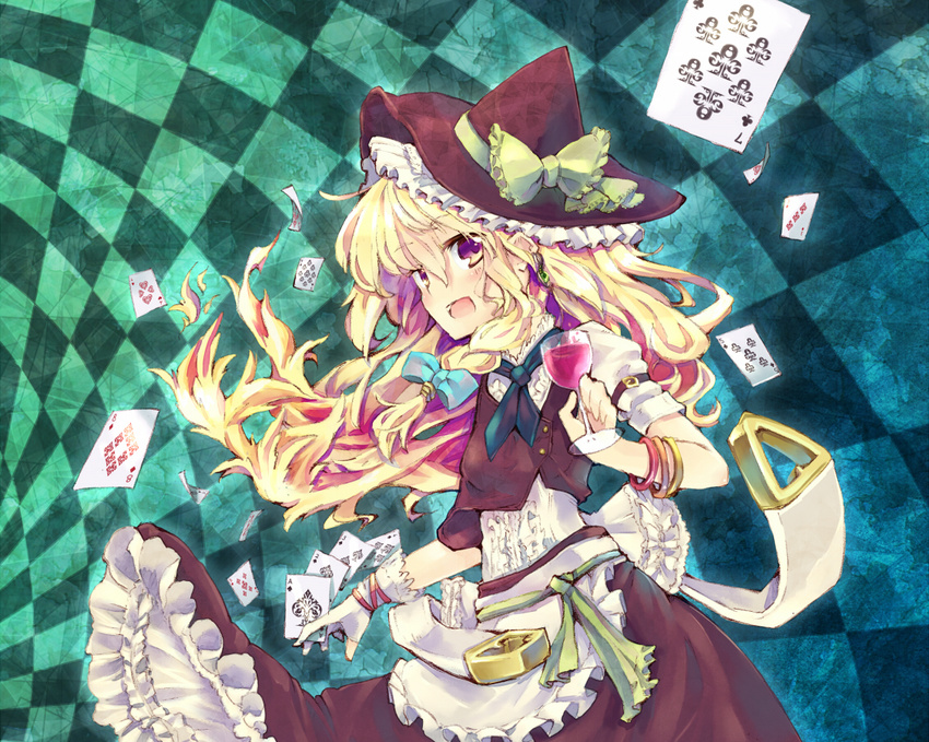 :d apron blonde_hair bow bracelet braid card club_(shape) cup drinking_glass gloves hair_ribbon hat hat_bow hat_ribbon jewelry kirisame_marisa long_hair open_mouth petticoat playing_card purple_eyes ribbon rl side_braid skirt skirt_set smile solo spade_(shape) touhou white_bow white_gloves wine_glass witch_hat