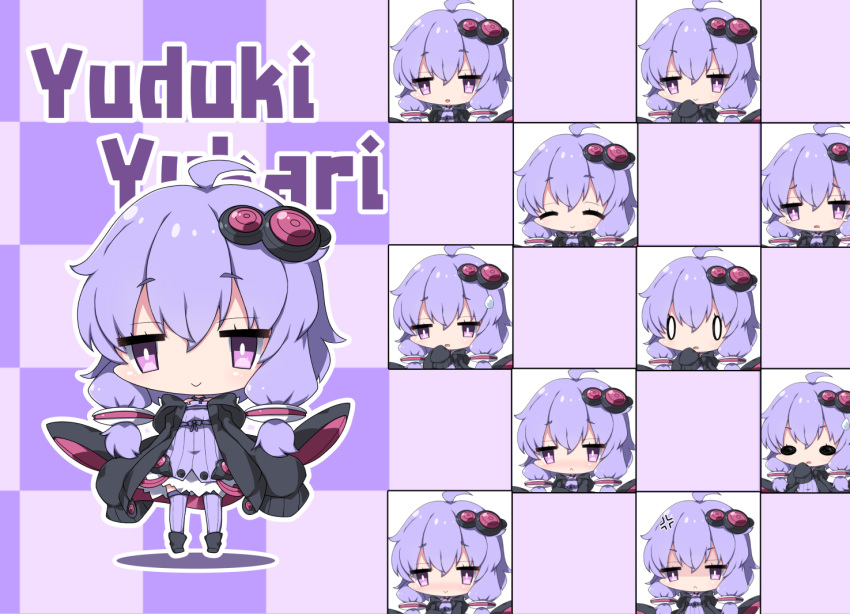 0_0 1girl :&lt; :d ^_^ ahoge anger_vein black_footwear black_jacket blush boots character_name checkered checkered_background chibi closed_eyes closed_mouth commentary_request criss-cross_halter dress expressions eyes_closed hair_ornament halterneck hood hood_down hooded_jacket jacket long_hair long_sleeves milkpanda multiple_views nose_blush open_clothes open_jacket open_mouth parted_lips puffy_long_sleeves puffy_sleeves purple_dress purple_eyes purple_hair purple_legwear shaded_face sleeves_past_fingers sleeves_past_wrists smile sweatdrop tears thighhighs thighhighs_under_boots voiceroid yuzuki_yukari