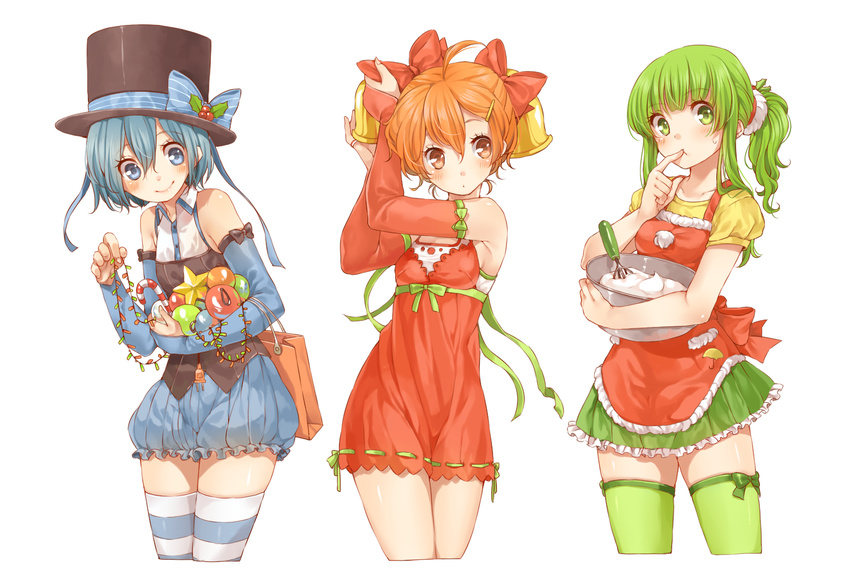 ahoge bag bare_shoulders bell bell_(rbb) blue_(rbb) blue_eyes blue_hair blush bow bowl bridal_gauntlets candy candy_cane collarbone cream dress food green_eyes green_hair green_legwear hair_bell hair_ornament hat hat_bow hat_ribbon holding holding_bowl icing looking_at_viewer multiple_girls orange_hair original puffy_pants rainy_(rbb) rainybluebell ribbon rojiko simple_background skirt smile star striped striped_legwear sweatdrop thighhighs top_hat whisk white_background