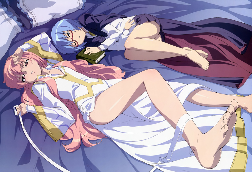 absurdres barefoot blue_hair feet fujii_masahiro glasses highres legs long_hair long_legs louise_francoise_le_blanc_de_la_valliere lying multiple_girls non-web_source nyantype official_art on_back on_side pink_hair robe scan short_hair tabitha zero_no_tsukaima