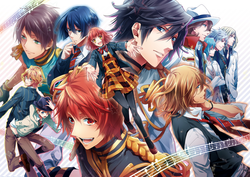 6+boys aijima_cecil aqua_eyes aqua_hair blazer blonde_hair blue_eyes blue_hair brown_eyes brown_hair camus_(uta_no_prince-sama) dark_skin epaulettes glasses green_eyes hat hijirikawa_masato ichinose_tokiya ittoki_otoya jacket jinguuji_ren kotobuki_reiji kurosaki_ranmaru kurusu_shou long_hair mikaze_ai multiple_boys nakagawa_waka nanami_haruka necktie orange_hair pink_hair plaid plaid_skirt reaching red_hair ribbon school_uniform shinomiya_natsuki short_hair skirt smile uta_no_prince-sama white_hair yellow_eyes