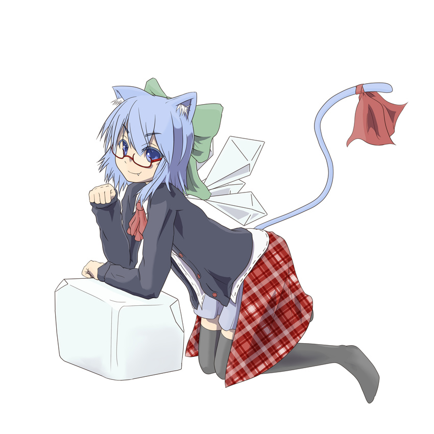 absurdres animal_ears bespectacled blue_eyes blue_hair bow cat_ears cat_tail cirno fang fang_out glasses hair_bow highres nogisaka_kushio skirt smile solo tail thighhighs touhou vector_trace