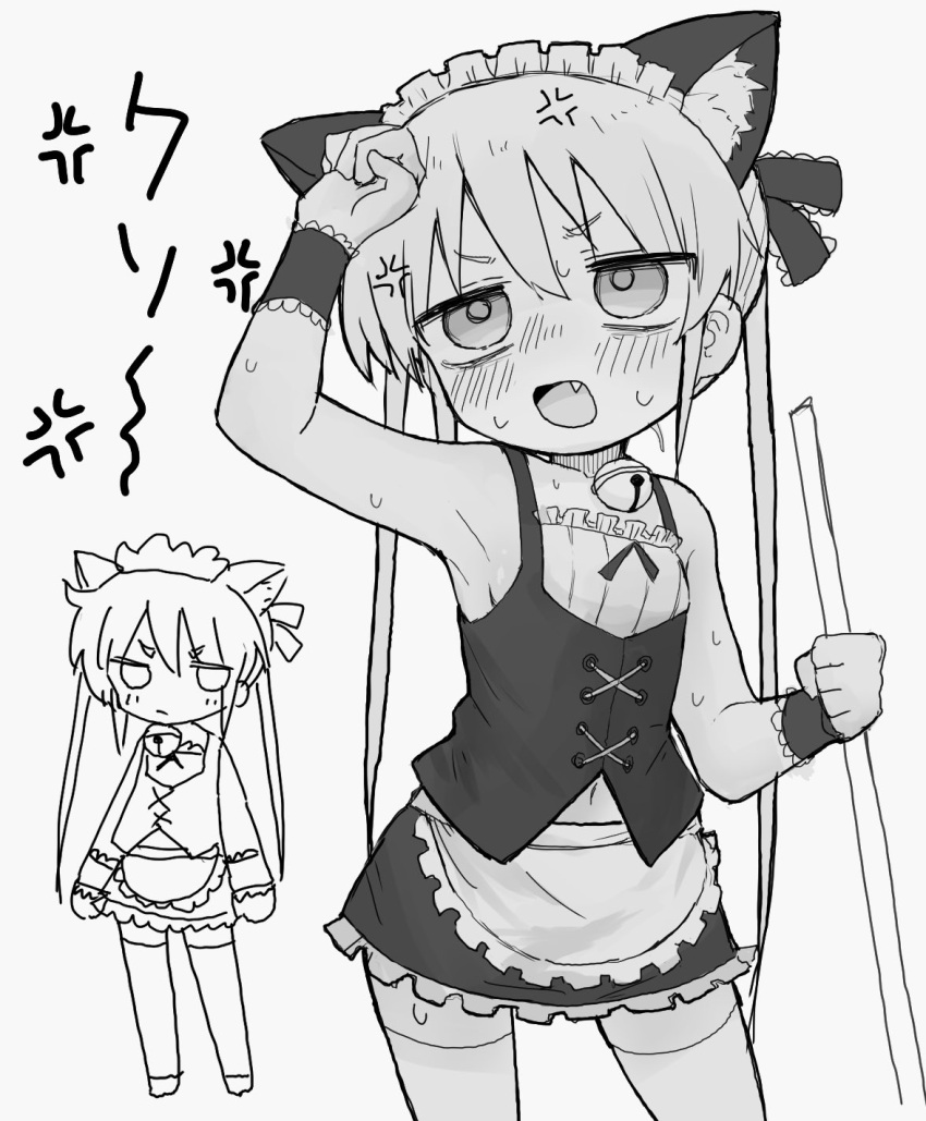 1girl alternate_costume anger_vein angry animal_ears apron arm_up bags_under_eyes bell blush broom cat_ears cowboy_shot doodle_inset dovepopon enmaided fake_animal_ears fang frown glaring greyscale hair_ribbon half-closed_eyes highres holding holding_broom jingle_bell kill_me_baby looking_ahead maid maid_headdress miniskirt monochrome multiple_views navel neck_bell open_mouth ribbon shirt simple_background skirt sleeveless sleeveless_shirt sonya_(kill_me_baby) standing thighhighs translation_request twintails underbust v-shaped_eyebrows vest waist_apron wrist_cuffs