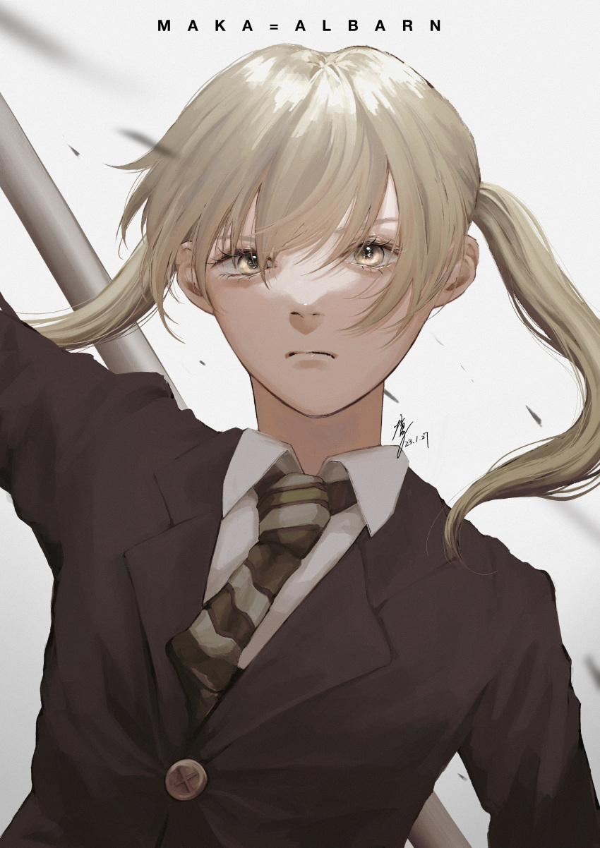 1girl absurdres blonde_hair closed_mouth dated envi138 green_necktie highres long_hair looking_at_viewer maka_albarn necktie school_uniform simple_background solo soul_eater striped_necktie twintails white_background