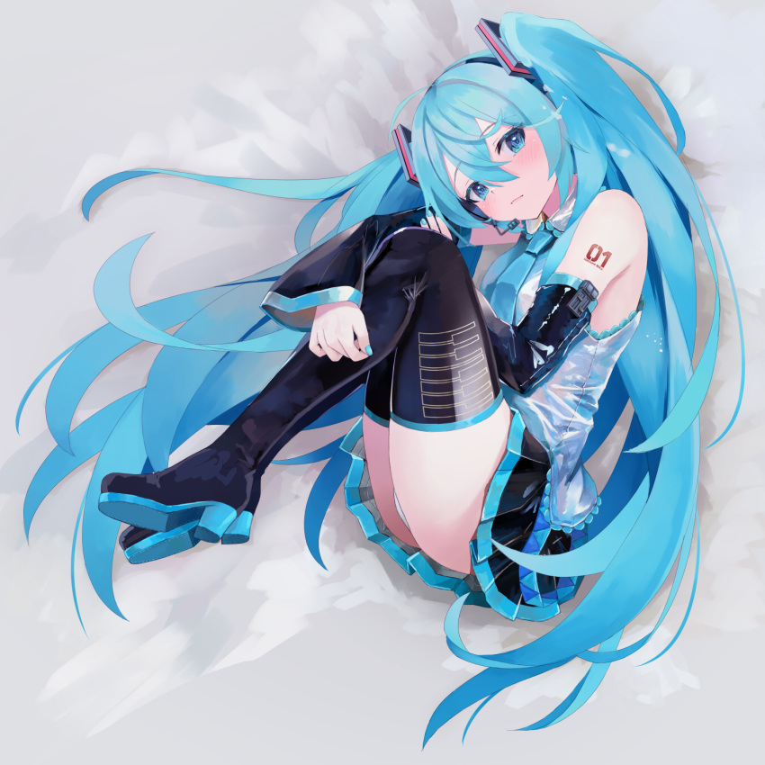 1girl arm_tattoo bed_sheet black_footwear black_sleeves blue_eyes blue_hair blue_nails blue_necktie blush boots closed_mouth collared_shirt colored_shoe_soles commentary_request detached_sleeves fetal_position fingernails from_above grey_shirt hair_between_eyes hair_ornament hatsune_miku headset high_heel_boots high_heels highres long_hair looking_at_viewer lying microphone miniskirt nail_polish necktie number_tattoo on_side panties pantyshot pleated_skirt shirt skirt sleeveless sleeveless_shirt solo takepon1123 tattoo thigh_boots twintails underwear very_long_hair vocaloid white_panties wide_sleeves