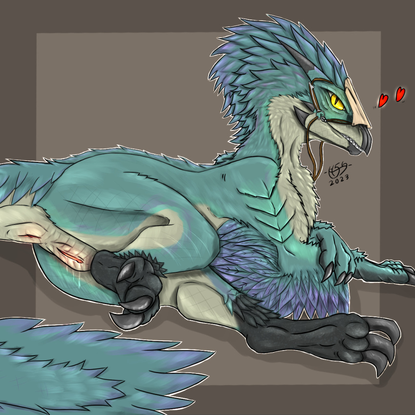 anthro anus biped bird_wyvern bodily_fluids bridle butt capcom claws dinosaur dragon dripping dromaeosaurid feathered_dinosaur feathered_dragon feathered_wings feathers female feral finger_claws genital_fluids genitals h56_(hikkoro) leaking looking_at_viewer looking_back looking_back_at_viewer monster_hunter monster_hunter_wilds pubic_boot pussy pussy_juice pussy_juice_drip pussy_juice_leaking pussy_juice_string rear_view reins reptile scalie solo tail tail_feathers theropod toe_claws velociraptor wild_ride wings