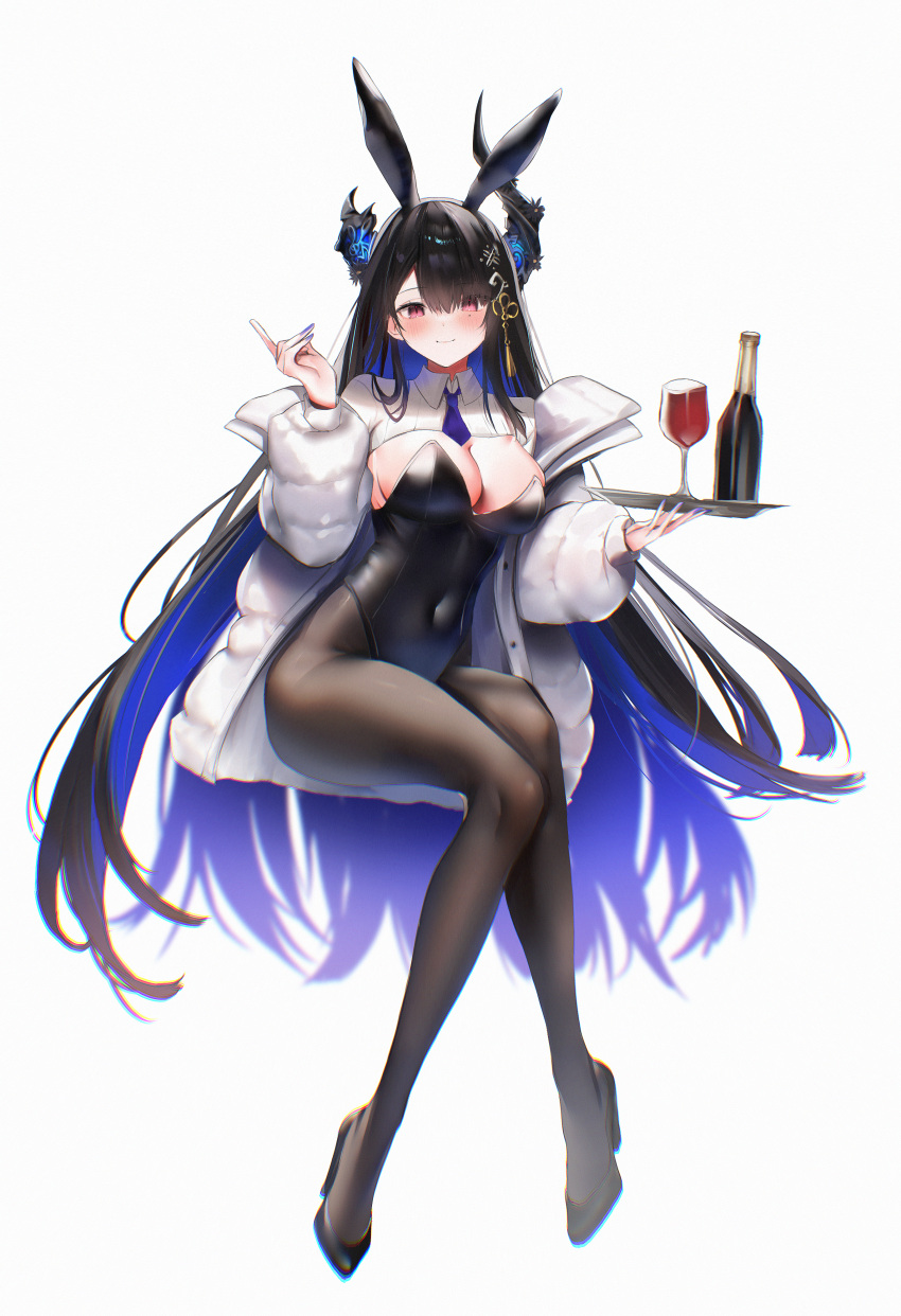 1girl absurdres animal_ears asymmetrical_horns bare_shoulders black_hair black_leotard blue_hair blue_nails blush bottle breasts closed_mouth colored_inner_hair covered_navel cup demon_horns detached_collar drinking_glass fake_animal_ears full_body hair_ornament high_heels highres holding holding_tray hololive hololive_english horns jacket large_breasts leotard long_hair looking_at_viewer maru_ccy mole mole_under_eye multicolored_hair necktie nerissa_ravencroft pantyhose playboy_bunny rabbit_ears red_eyes short_necktie simple_background sitting smile solo tray two-tone_hair uneven_horns very_long_hair virtual_youtuber white_jacket wine_bottle wine_glass