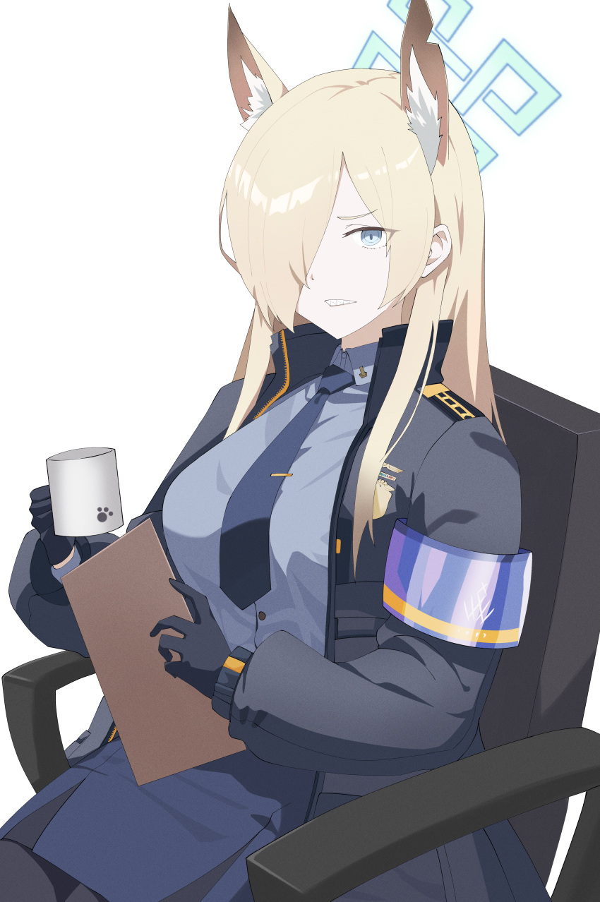 1girl absurdres animal_ear_fluff animal_ears armband black_gloves blonde_hair blue_archive blue_armband blue_necktie blue_shirt blue_skirt breasts clipboard commentary cup gloves hair_over_one_eye highres hikkio holding holding_clipboard holding_cup kanna_(blue_archive) large_breasts long_hair long_sleeves looking_at_viewer necktie on_chair one_eye_covered shirt simple_background sitting skirt solo tie_clip white_background