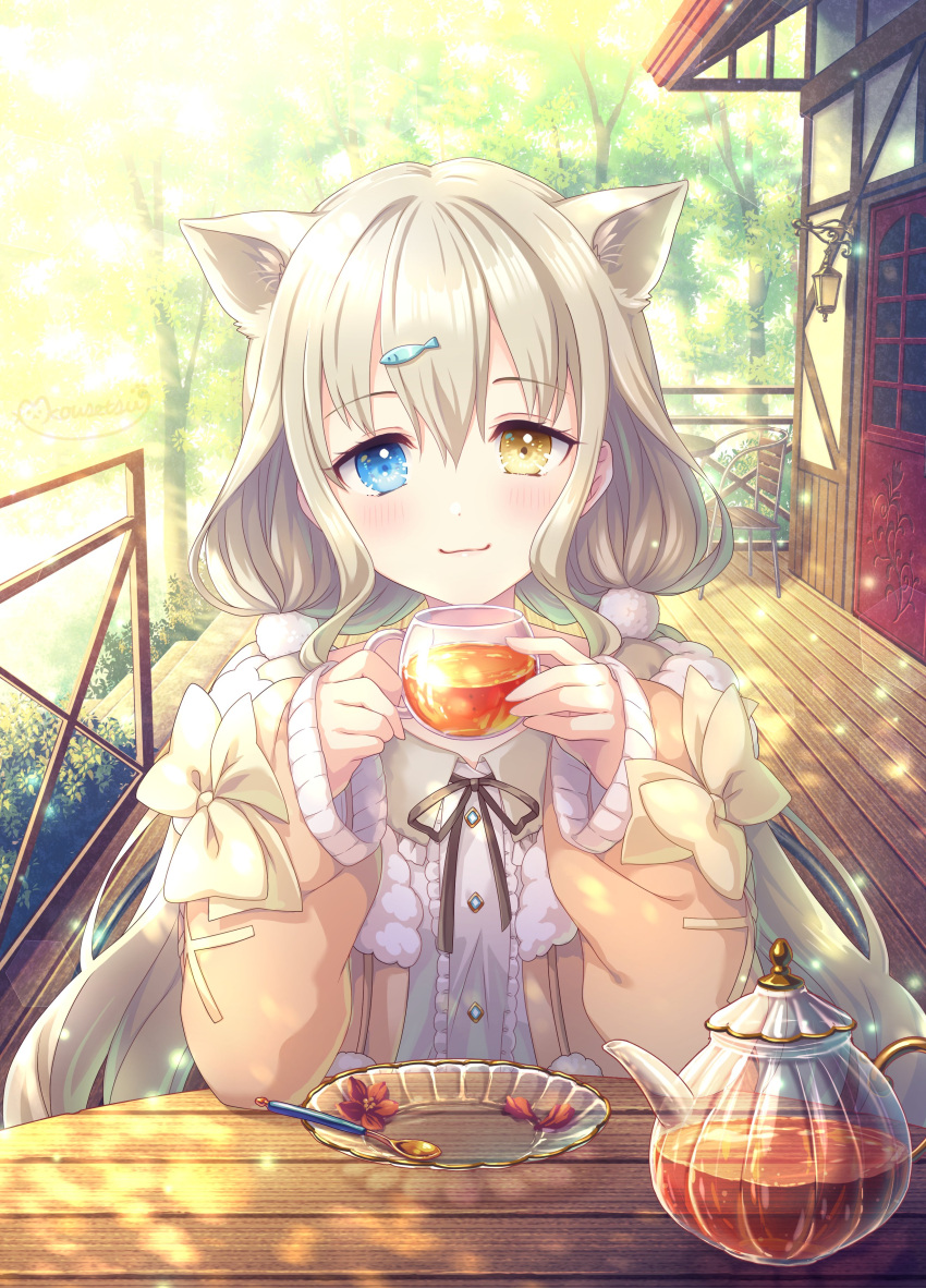1girl :3 absurdres animal_ear_fluff animal_ears black_ribbon blue_eyes blush bow cardigan cat_ears cat_girl center_frills closed_mouth commentary_request commission cup dappled_sunlight eyelashes fish_hair_ornament forest frills hair_between_eyes hair_ornament hands_up heterochromia highres holding holding_cup indie_virtual_youtuber kogamino_ono kousetsu light_brown_hair light_particles long_hair looking_at_viewer low_twintails nature orange_cardigan perspective pom_pom_(clothes) pom_pom_hair_ornament pov ribbon shirt sidelocks signature skeb_commission sleeves_past_wrists smile solo spoon straight-on sunlight table tea teapot twintails very_long_hair virtual_youtuber wavy_hair white_shirt yellow_bow yellow_eyes