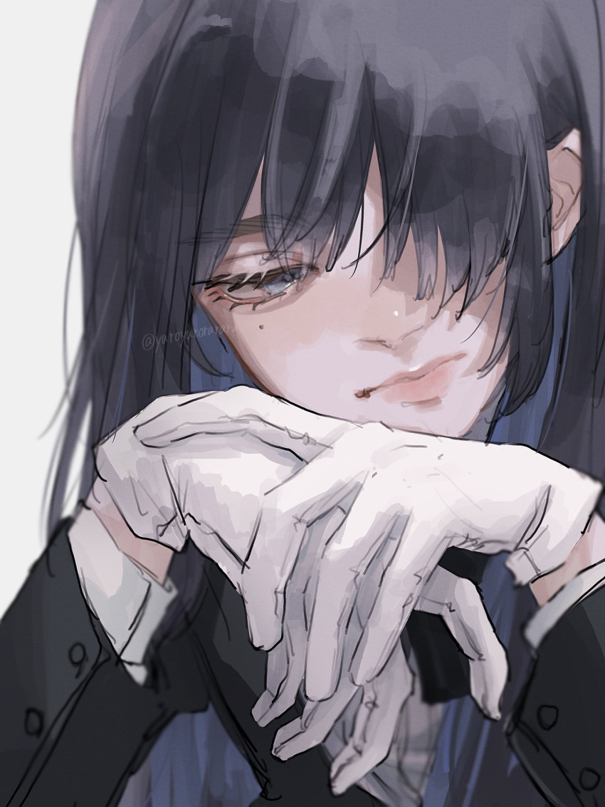 1girl ado_(utaite) black_bow black_bowtie black_hair black_jacket blue_hair bow bowtie chando_(ado) closed_mouth cloud_nine_inc colored_inner_hair commentary dress_shirt gloves grey_background hair_over_one_eye highres jacket long_hair long_sleeves looking_at_viewer mole mole_under_eye multicolored_hair own_hands_together shirt simple_background solo twitter_username two-tone_hair upper_body utaite white_gloves white_shirt yurosuke