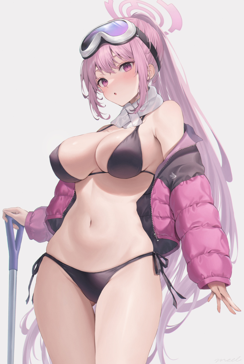 1girl bikini black_bikini blue_archive blush breasts cleavage cowboy_shot eimi_(blue_archive) eimi_(swimsuit)_(blue_archive) goggles goggles_on_head groin halo highres jacket large_breasts long_hair me_meel navel official_alternate_costume open_clothes open_jacket parted_lips pink_eyes pink_hair pink_halo pink_jacket simple_background solo swimsuit very_long_hair white_background
