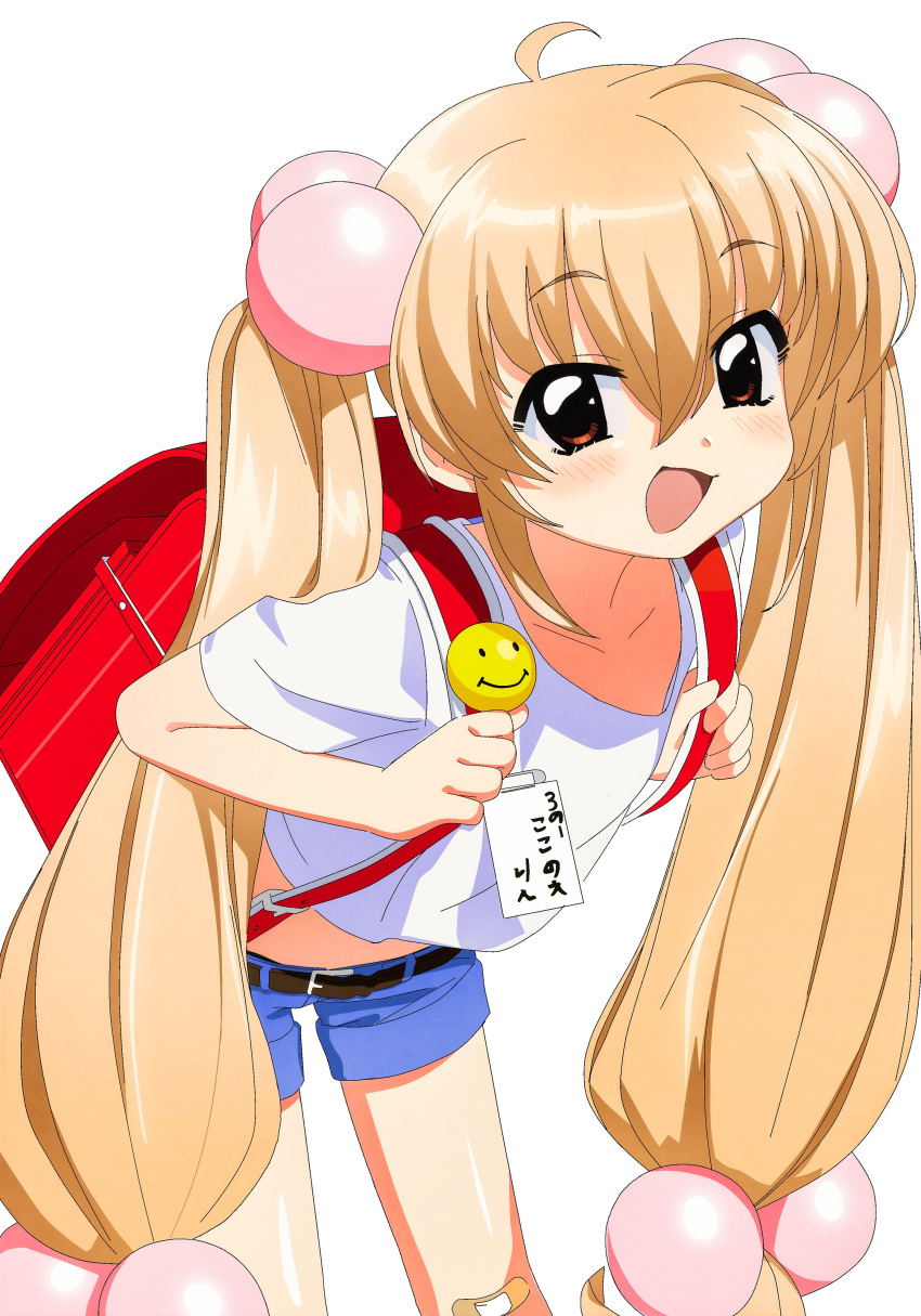 1girl absurdres backpack bag bandaid bandaid_on_knee bandaid_on_leg blonde_hair blue_shorts blush brown_eyes flat_chest hair_bobbles hair_ornament highres jiryu50610218 kodomo_no_jikan kokonoe_rin long_hair looking_at_viewer open_mouth randoseru red_bag shirt shorts smile solo t-shirt twintails very_long_hair white_shirt