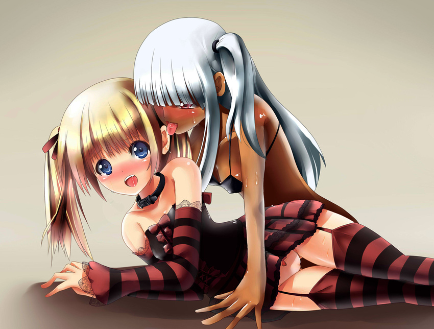 arm_support bare_shoulders blonde_hair blue_eyes blush bow bow_panties collar covered_nipples dark_skin ear_licking elbow_gloves fallout fallout_new_vegas garter_straps gloves hair_ribbon licking multiple_girls open_mouth owata-ko owata-ko_3 panties ribbon saliva side_ponytail silver_hair striped striped_legwear sumisuzu sweat swimsuit teeth thighhighs tongue tongue_out twintails underwear white_panties