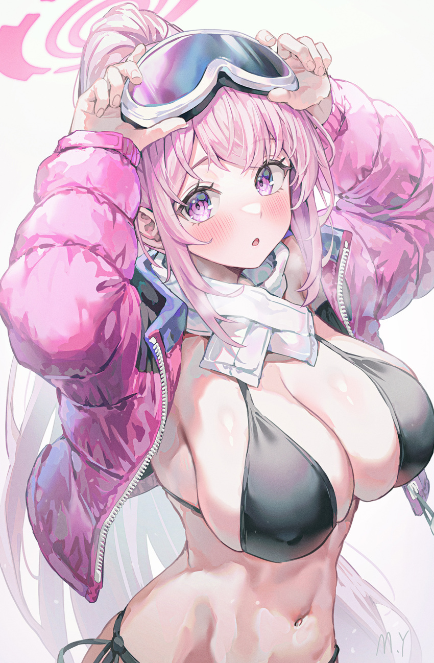 1girl :o arms_up bikini black_bikini blue_archive blush commentary eimi_(blue_archive) goggles goggles_on_head highres jacket long_sleeves myung_yi navel open_clothes open_jacket parted_lips pink_eyes pink_hair pink_jacket ponytail scarf solo stomach swimsuit upper_body white_scarf