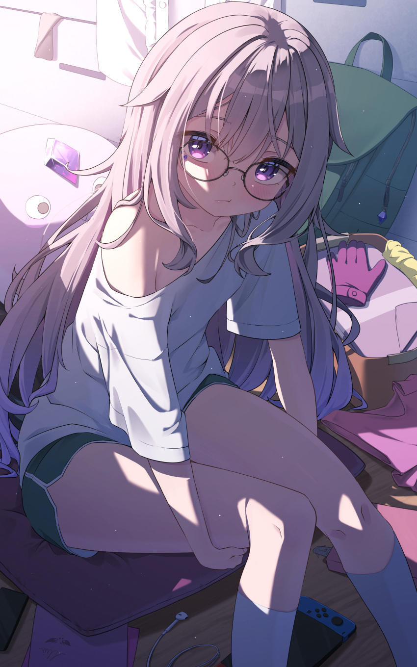 1girl absurdres alternate_costume closed_mouth commentary dolphin_shorts earphones_removed glasses gloves green_bag green_shorts grey_hair hands_under_legs highres hololive hololive_english indoors koseki_bijou long_hair looking_at_viewer maeru nintendo_switch off_shoulder pillow purple_eyes round_eyewear shirt short_sleeves shorts single_bare_shoulder sitting socks solo symbol-only_commentary thighs unworn_gloves virtual_youtuber white_shirt white_socks