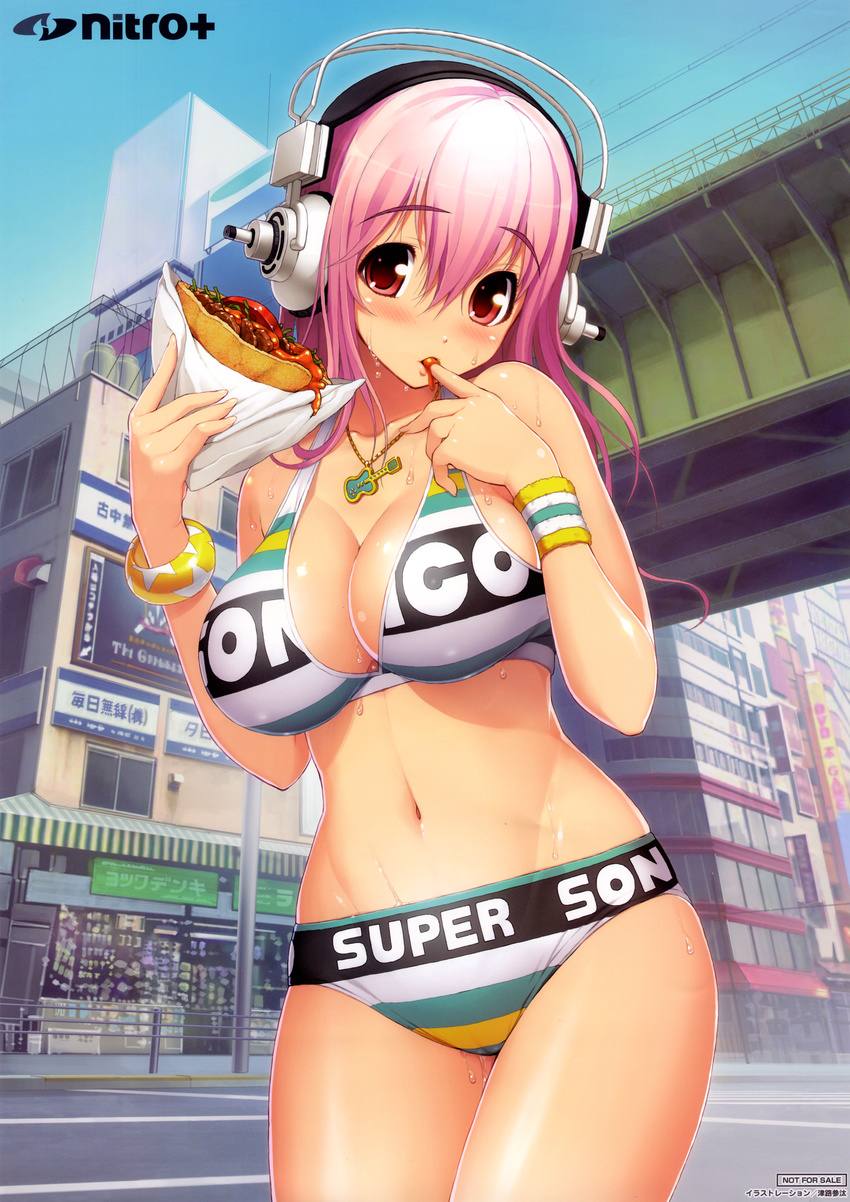 absurdres akihabara_(tokyo) bad_id bad_yandere_id bare_shoulders bikini blush bracelet breasts cameltoe cleavage clothes_writing day eating finger_to_mouth food groin headphones highres holding jewelry large_breasts long_hair looking_at_viewer midriff navel necklace nitroplus real_world_location red_eyes road shop sideboob sky solo street sucking super_sonico sweat swimsuit tokyo_(city) tsuji_santa