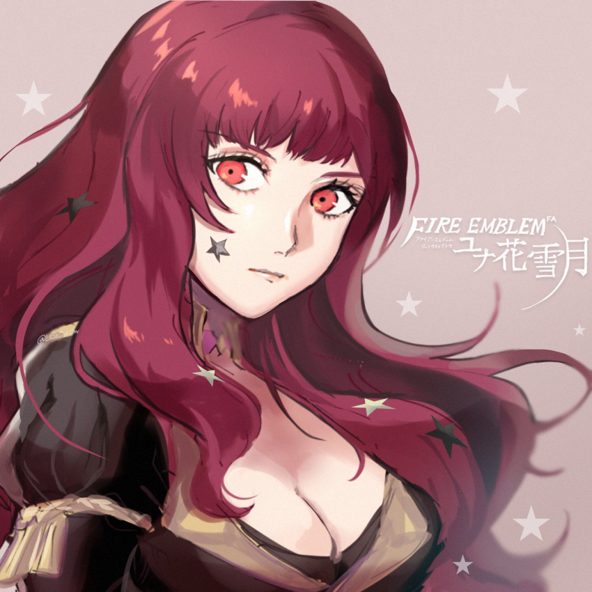 1girl breasts closed_mouth fire_emblem fire_emblem_engage hair_ornament highres large_breasts looking_to_the_side red_eyes red_hair solo star_(symbol) star_hair_ornament upper_body youhei_choregi yunaka_(fire_emblem)