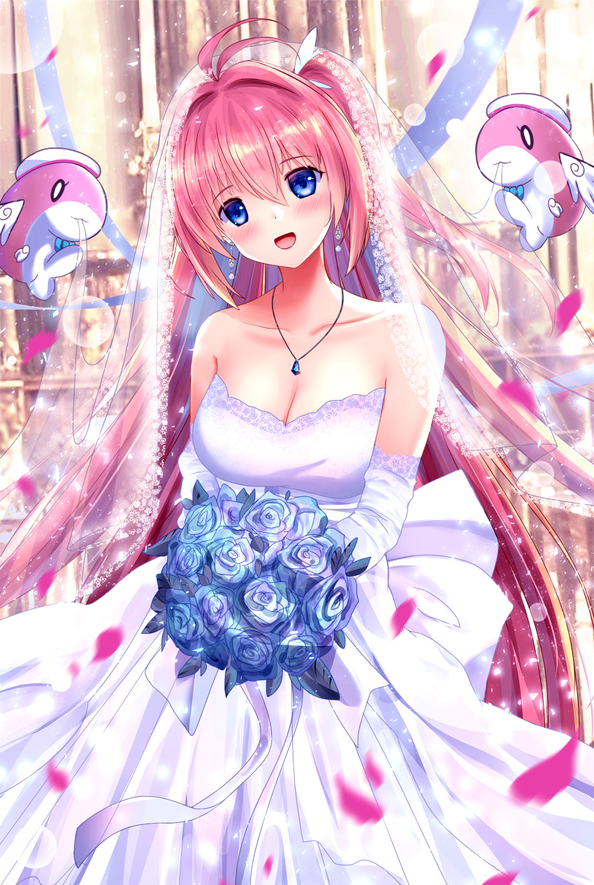 1girl :d absurdres antenna_hair ao_no_kanata_no_four_rhythm bare_shoulders blue_eyes blue_flower blue_gemstone blue_rose blurry blush bouquet breasts bridal_veil cleavage collarbone commentary depth_of_field dress earrings elbow_gloves falling_petals feet_out_of_frame floral_print flower gem gloves hair_between_eyes hair_intakes happy head_tilt highres holding holding_bouquet izumikuu jewelry kurashina_asuka large_breasts light_particles long_dress long_hair looking_at_viewer necklace one_side_up open_mouth petals pink_hair ribbon rose smile solo standing straight_hair strapless strapless_dress veil very_long_hair wedding wedding_dress white_dress white_gloves white_ribbon wing_hair_ornament