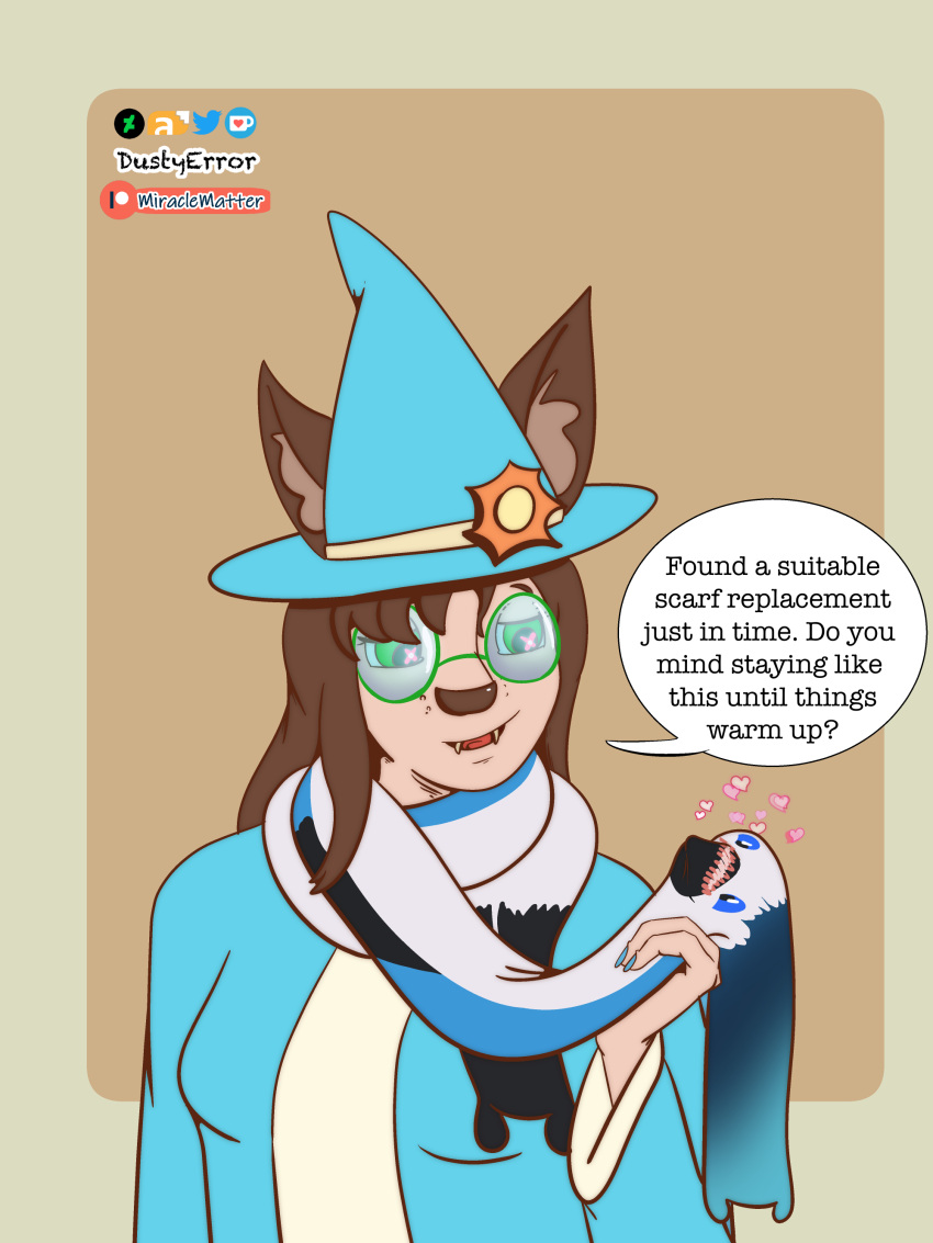 absurd_res animate_inanimate canid canine canis clothing clothing_transformation domestic_dog eyewear female flattened glasses hat headgear headwear hi_res magic_user male mammal scarf shrunk teasing transformation witch witch_hat