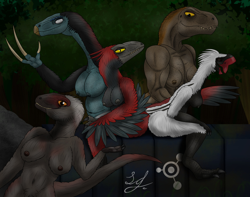 absurd_res anthro ass_to_ass big_breasts big_butt black_body black_feathers blind_eye breasts brown_body butt chubby_female claws container dinosaur eyes_closed feathers female green_body group hi_res humanoid lindwormduality long_claws moros_intrepidus navel orange_eyes outside oviraptor oviraptorid plant pyroraptor red_body red_feathers reptile rock scalie sharp_claws sharp_teeth teeth therizinosaurid therizinosaurus theropod tree tyrannosaurid tyrannosaurus tyrannosaurus_rex white_body yellow_eyes