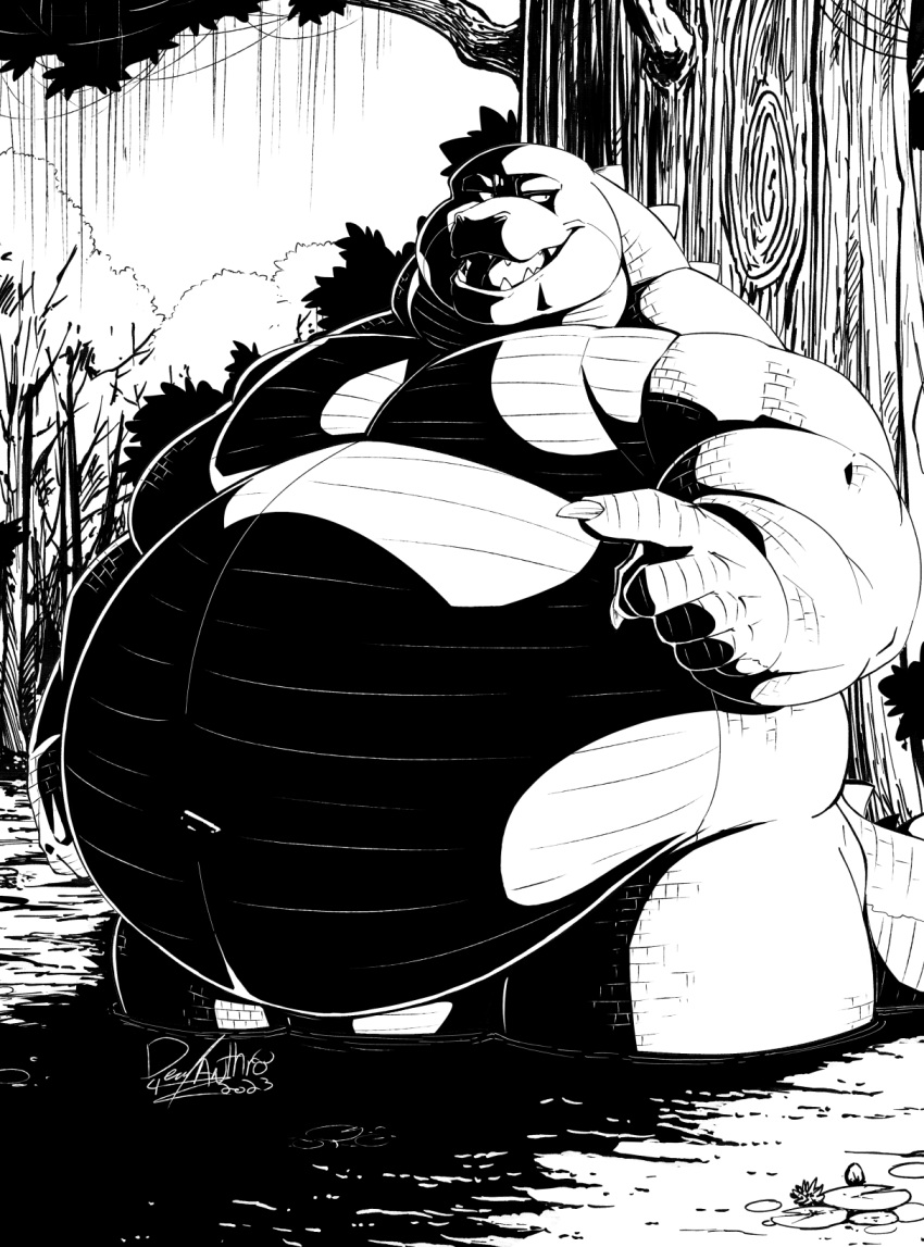 anthro belly big_belly black_and_white crocodile crocodilian crocodylid deadanthro gesture hi_res male monochrome muscular muscular_anthro muscular_male nude overweight overweight_anthro overweight_male plant pointing reptile scalie shadow smile solo standing swamp tree water
