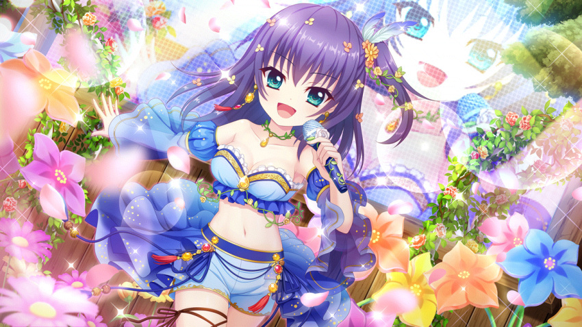 1girl aqua_eyes bare_shoulders blue_feathers blue_flower blue_hair blue_shorts blue_skirt breasts brown_ribbon cleavage collarbone crop_top detached_sleeves dot_nose dutch_angle feather_hair_ornament feathers film_grain flower flower_request game_cg hair_flower hair_ornament holding holding_microphone honjou_kasumi ivy izumi_tsubasu jewelry leg_ribbon lens_flare looking_at_viewer medium_breasts medium_hair microphone midriff navel necklace non-web_source official_art open_mouth purple_flower re:stage! red_flower ribbon screen see-through see-through_sleeves shorts showgirl_skirt side_ponytail skirt smile solo sparkle thigh_ribbon tree yellow_flower
