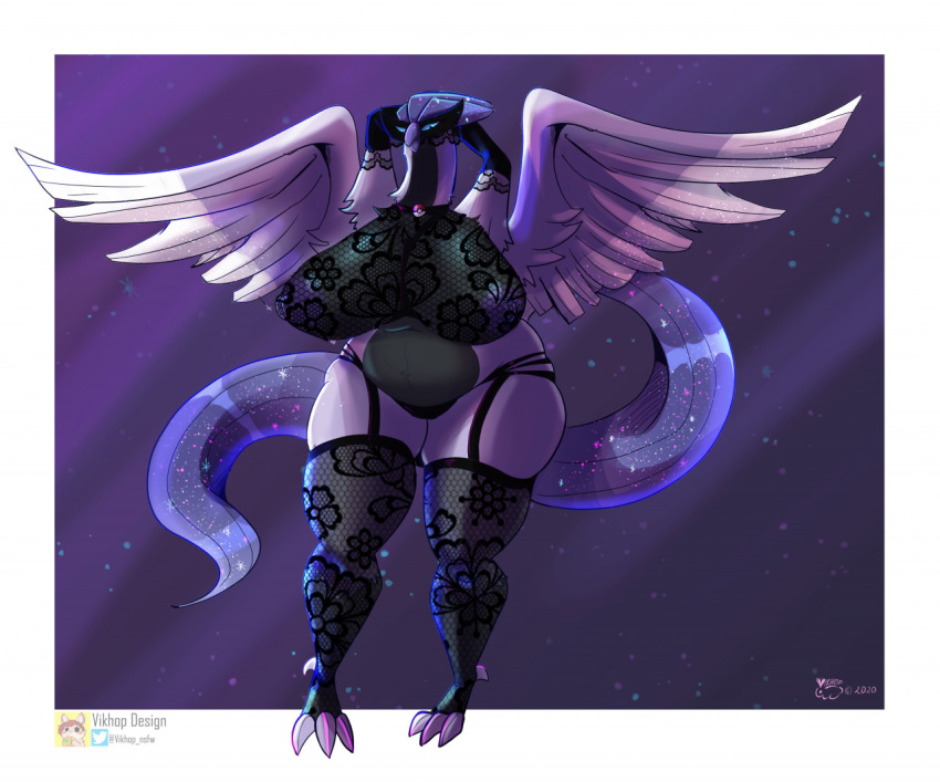 anthro areola beak biped clothing feathers female galarian_articuno galarian_form hands_behind_head legendary_pokemon legwear lingerie nintendo nipples piercing pokemon pokemon_(species) regional_form_(pokemon) solo thick_thighs thigh_highs vikhop wings