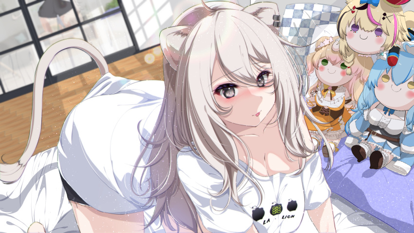 1girl ahoge animal_ears black_shorts blush breasts character_doll grey_eyes grey_hair highres hiro_(phese) hololive large_breasts lion_ears lion_girl lion_tail long_hair looking_at_viewer momosuzu_nene momosuzu_nene_(1st_costume) official_alternate_costume omaru_polka omaru_polka_(1st_costume) shirt shishiro_botan shishiro_botan_(4th_costume) short_shorts shorts smile solo tail tongue tongue_out virtual_youtuber white_shirt yukihana_lamy yukihana_lamy_(1st_costume)