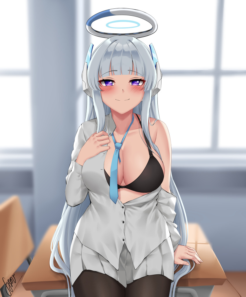 1girl absurdres bikini black_bikini black_pantyhose blue_archive blue_necktie blush breasts chair classroom cleavage closed_mouth collarbone collared_shirt desk finn_(finnjson) grey_hair halo headphones highres indoors large_breasts long_hair long_sleeves looking_at_viewer miniskirt necktie noa_(blue_archive) pantyhose partially_unbuttoned pleated_skirt purple_eyes school_chair school_desk shirt sidelocks sitting skirt smile solo swimsuit very_long_hair white_shirt