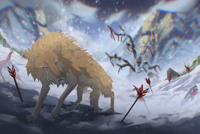 after art2023 canid canine canis cloud feral hi_res illustration invalid_tag male mammal marmenuar mountain plant snow solo toboe_(wolf's_rain) tree war winter wolf wolf's_rain wolfsrain young