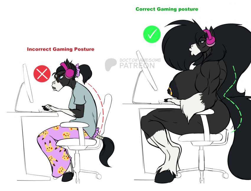 anthro areola biped black_body breast_size_difference breasts chair clothed clothing computer duo electronics equid equine eyewear female fur furniture glasses hair headphones hi_res horse larger_female mammal muscular muscular_female nipples sitting size_difference thebigbadwolf01