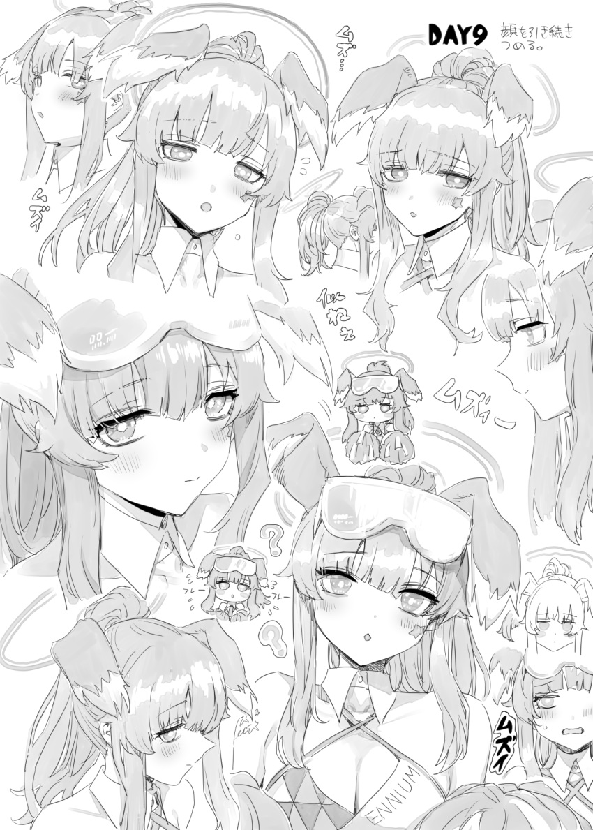 1girl ? animal_ears bare_shoulders blue_archive blush breasts cheerleader chibi chibi_inset cleavage closed_mouth criss-cross_halter crop_top dog_ears dog_girl eyewear_on_head goshiki_suzu greyscale halo halterneck hibiki_(blue_archive) hibiki_(cheer_squad)_(blue_archive) highres holding holding_pom_poms long_hair looking_at_viewer millennium_cheerleader_outfit_(blue_archive) monochrome multiple_views official_alternate_costume open_mouth pom_pom_(cheerleading) sleeveless smile star_sticker sticker_on_face sweatdrop upper_body