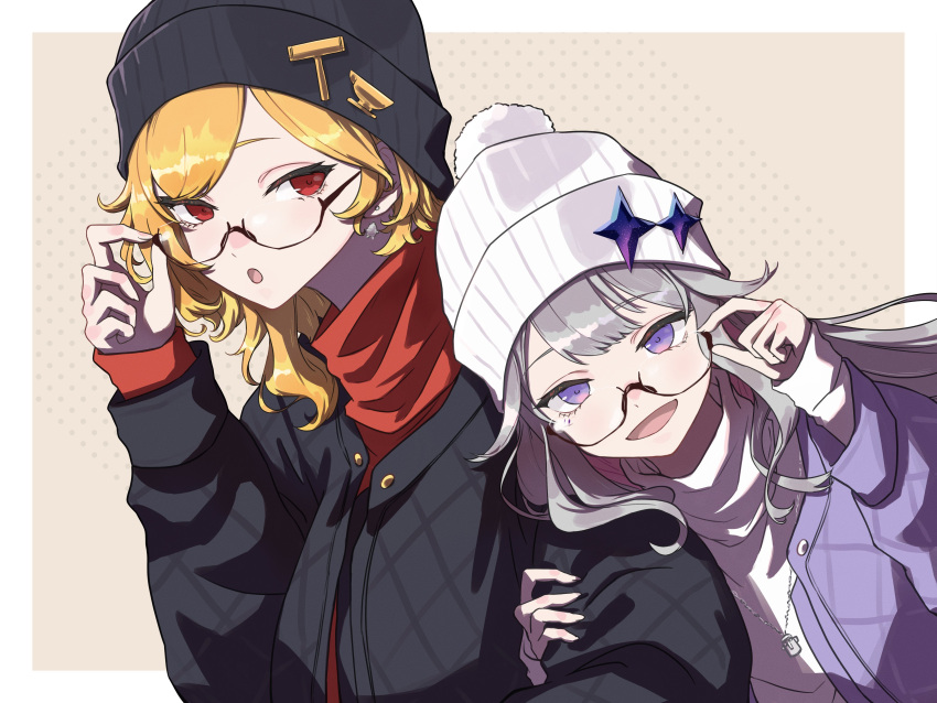 2girls absurdres alternate_costume black_headwear blonde_hair futomoy hand_on_another's_arm highres hololive hololive_english hololive_indonesia kaela_kovalskia koseki_bijou looking_at_viewer multiple_girls purple_eyes red_eyes white_hair white_headwear