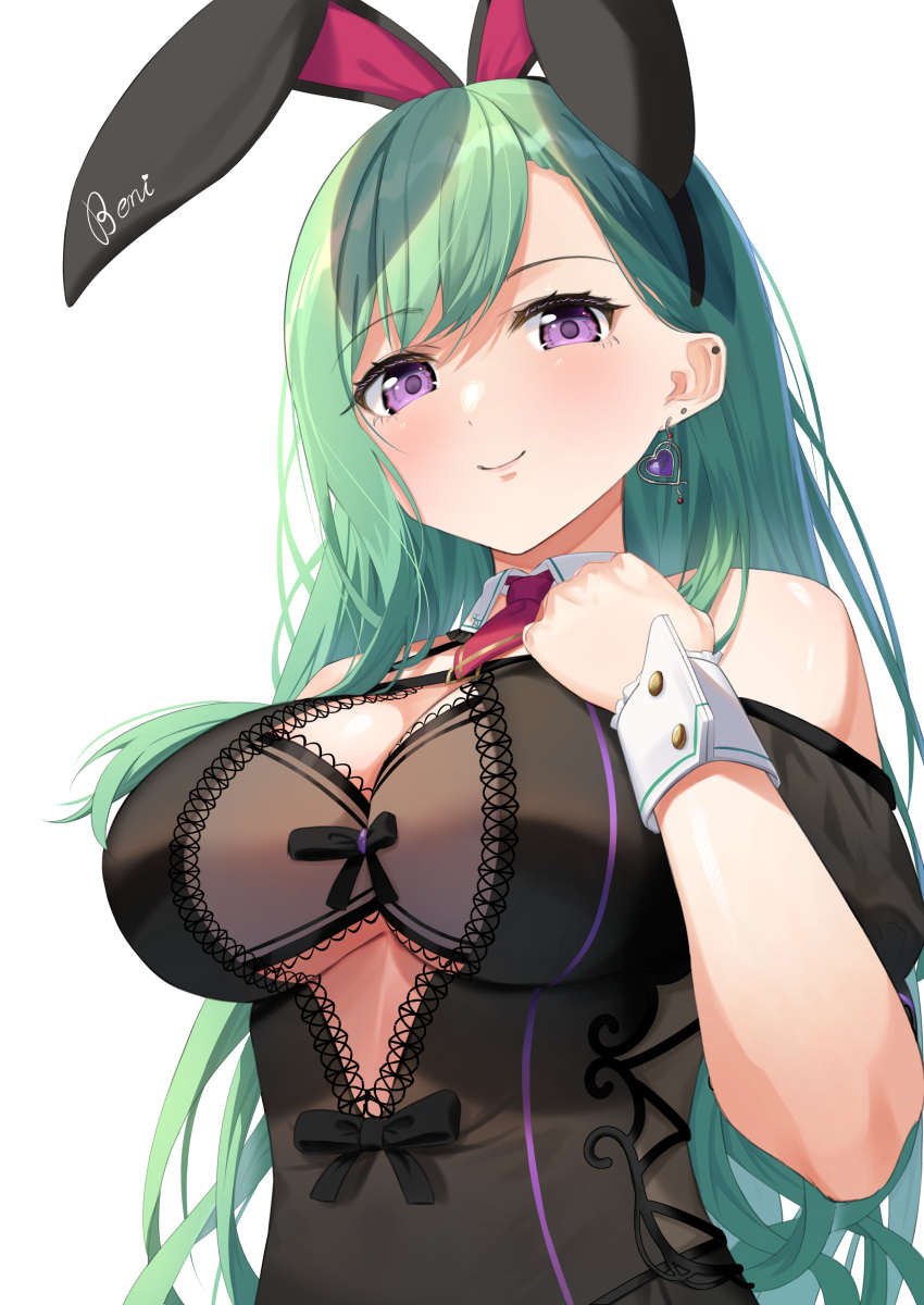 1girl absurdres animal_ears bare_shoulders black_bow black_dress blush bow bra breasts brown_bra center_opening character_name chest_strap cross-laced_clothes cross-laced_dress detached_collar dress ear_piercing earrings fake_animal_ears green_hair hair_behind_ear hand_on_own_chest heart heart_earrings highres jewelry lace-trimmed_bra lace-trimmed_dress lace_trim large_breasts long_hair looking_at_viewer necktie off-shoulder_dress off_shoulder piercing playboy_bunny purple_eyes rabbit_ears red_necktie see-through short_necktie short_sleeves solo swept_bangs t0hkiji underboob underwear virtual_youtuber vspo! wing_collar wrist_cuffs yakumo_beni yakumo_beni_(2nd_costume)